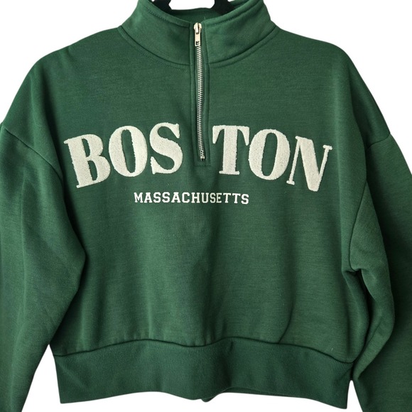 Orange Kiss Boston Massachusetts Green Cropped Quarter Zip Sweatshirt Small - Picture 3 of 8